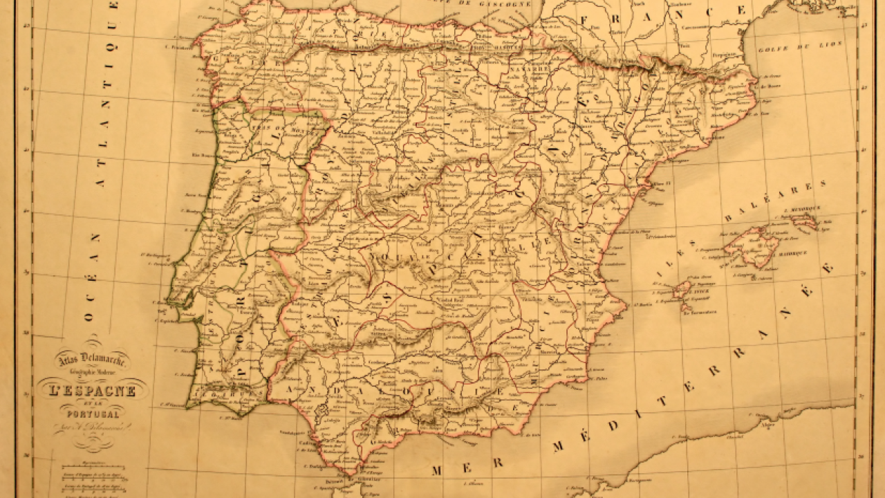 An old, brown tinted map of Spain and Portugaul 