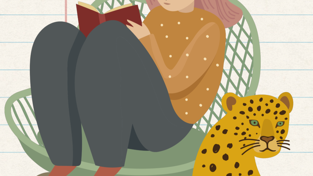A woman sits in a chair writing, next to a jaguar.