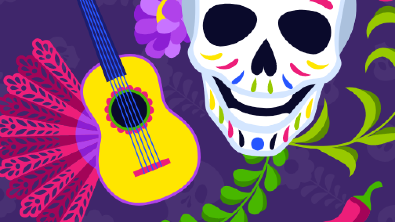 a colorful skull and small guitar