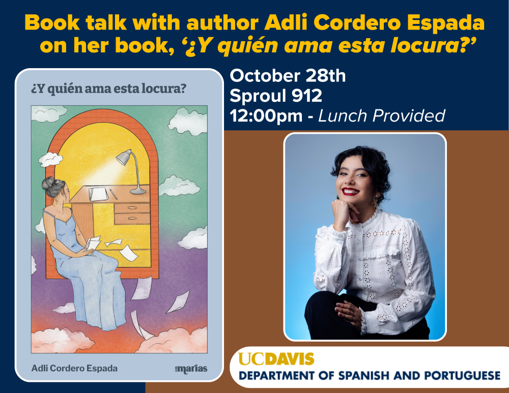 A flyer for the upcoming event, with a book cover and photo of the author.