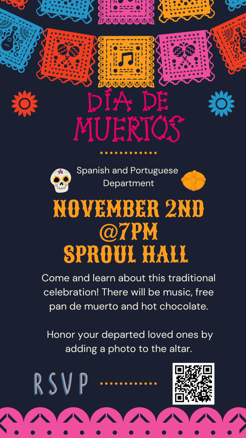 A colorful flier for the Dia De Muertos Event