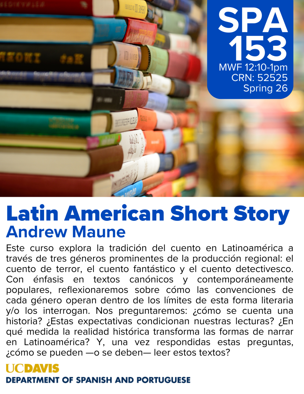 Colorful stacked books with text promoting a Latin American Short Story course.