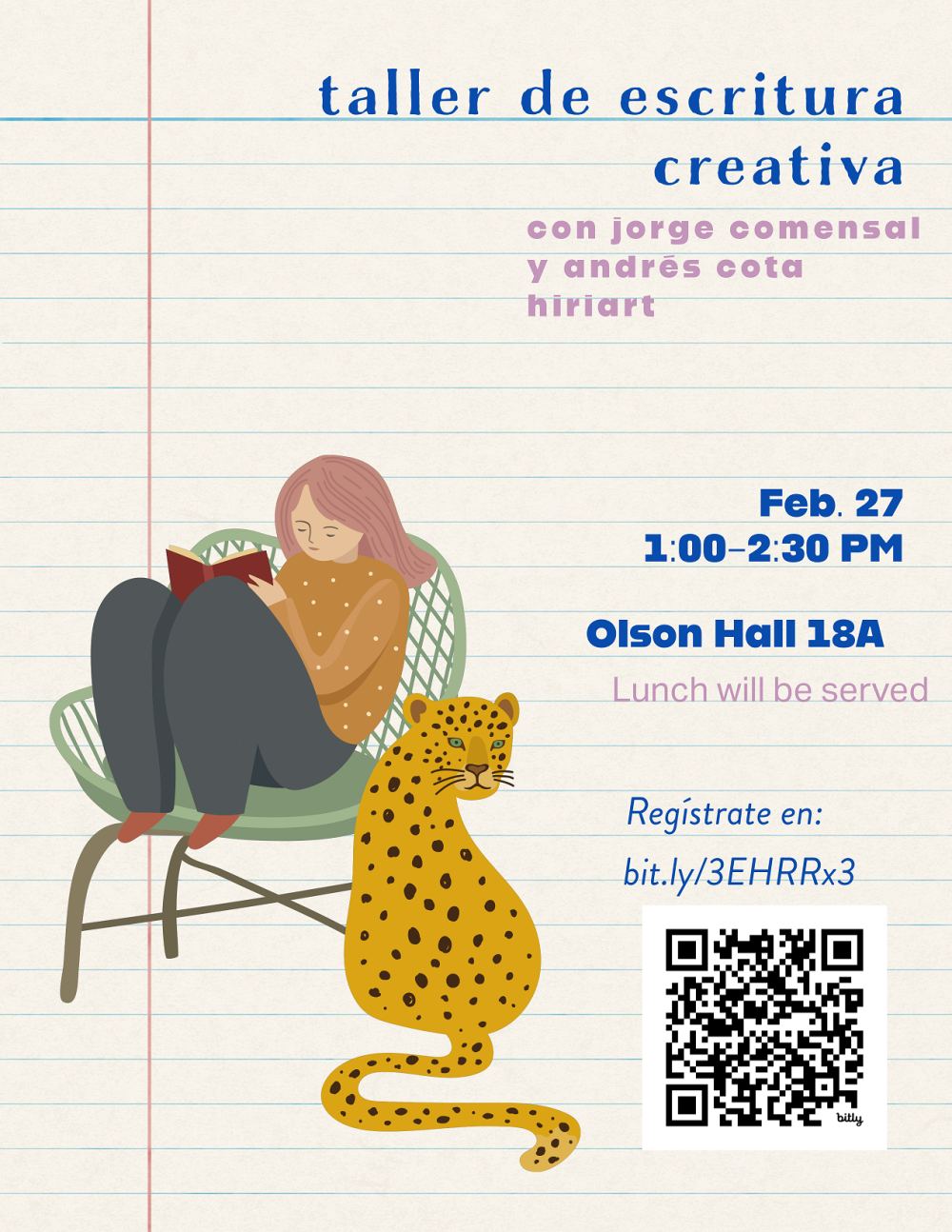 A flyer for the upcoming event, a woman writes while sitting in a chair next to a jaguar.