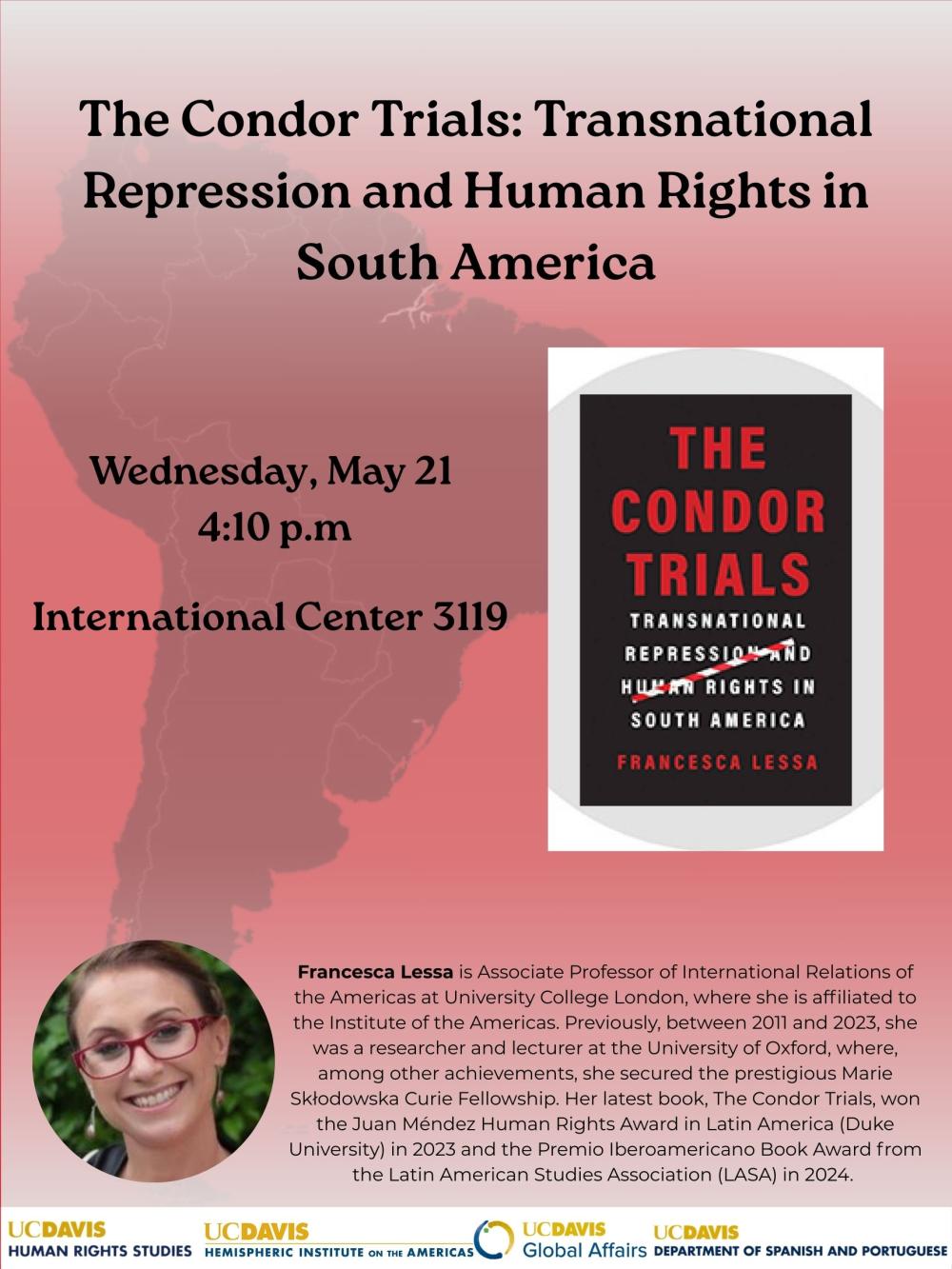 A flyer for the upcoming event. The text is copied above. A map of South America with light red overlay.