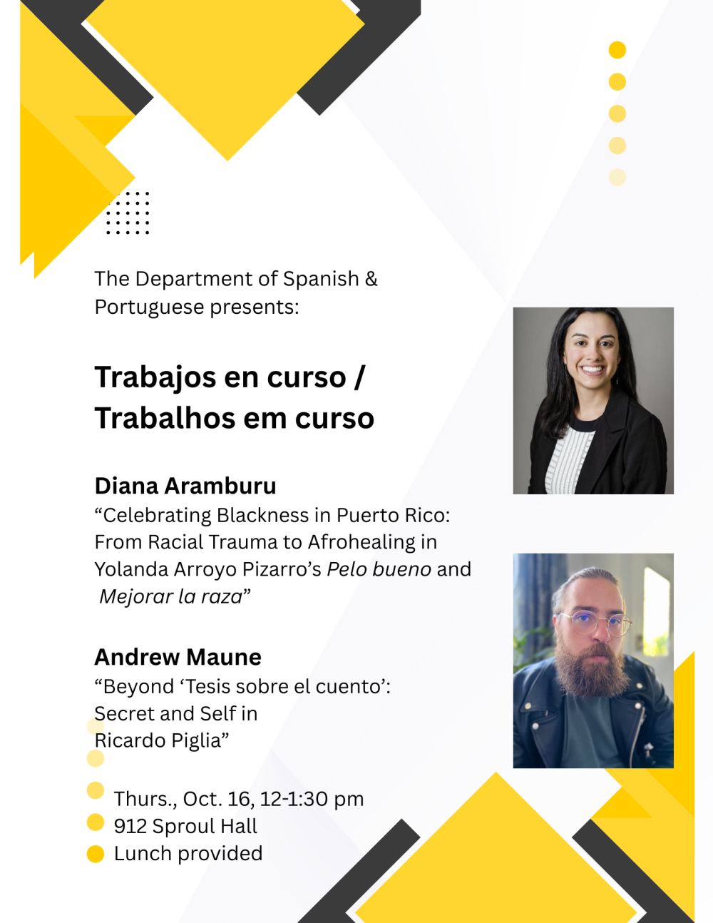 A flyer for the upcoming event, with photos of the speakers.