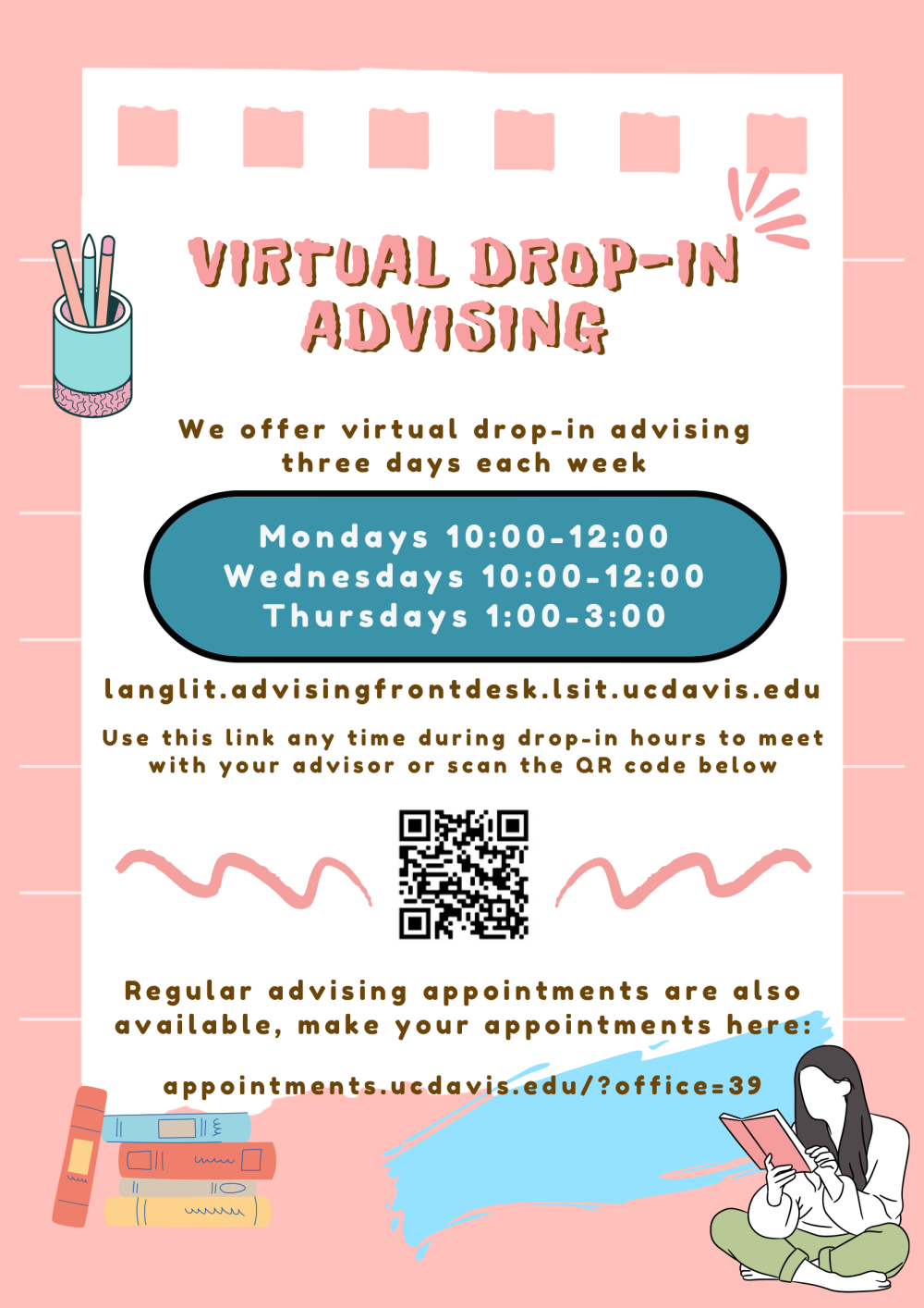 A flyer for virtual drop in advising