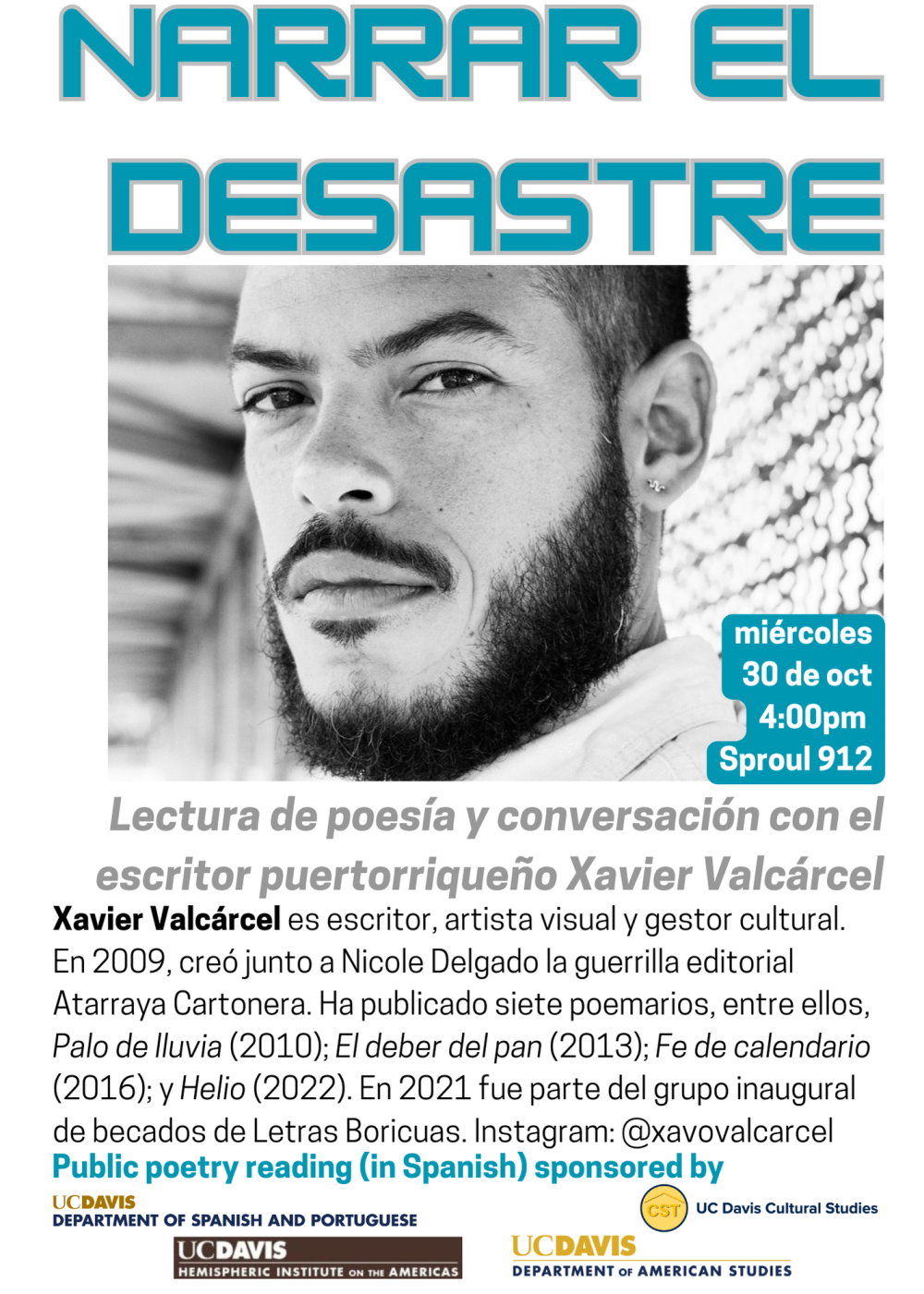 A flyer for the upcoming event, a photo of man with facial hair, and a description of the event below. The description is written above this flyer