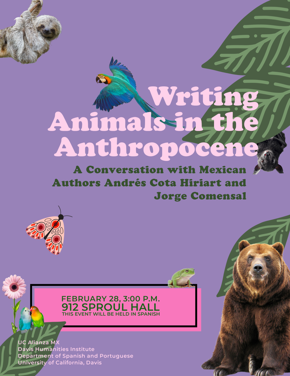 A flyer for the upcoming event, the text of which is written out above. Images of various animals including a parrot and a bear