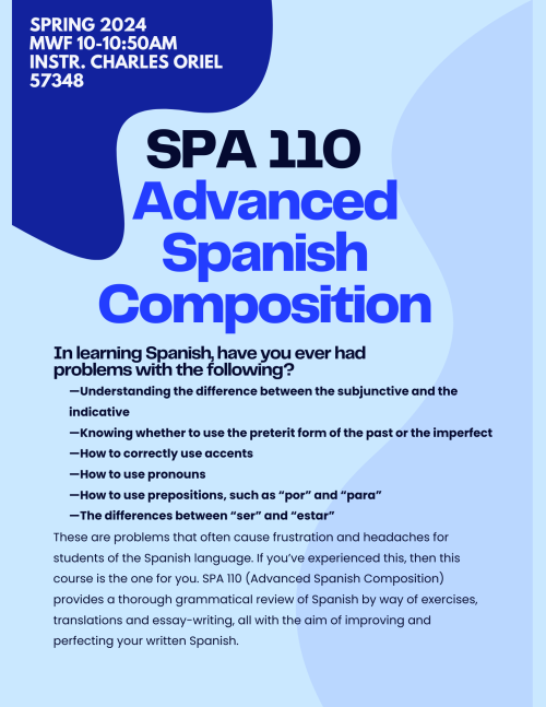 A flyer for SPA 110, the text listed above