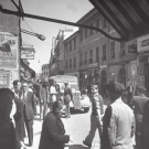 Main street in Gibralter during the 1940s. Black and white photo.