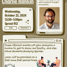 Event flier with headshot of Charlie Hankin and drawing of a casual conversation