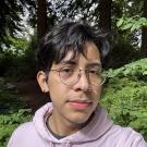 A photo of a man wearing a hoodie in front of a forest.
