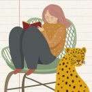 A woman sits in a chair writing, next to a jaguar.