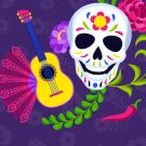 a colorful skull and small guitar